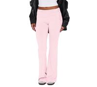 Women Casual Fold Over Flare Leggings Y2k Low Rise Ruched Drawstring Slim Fit Bootcut Pants Side Tie Knot Yoga Sweatpants (Pink, S)