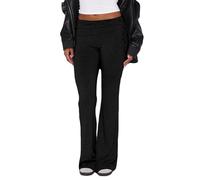 Women Casual Fold Over Flare Leggings Y2k Low Rise Ruched Drawstring Slim Fit Bootcut Pants Side Tie Knot Yoga Sweatpants (Black, M)