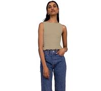 Women Casual Frill Smocked Ruffle Hem Crop Tank Top Shirred Crew Neck Sleeveless Slim Fit Solid Crop Vest Tops (Khaki, L)