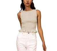 Women Casual Frill Smocked Ruffle Hem Crop Tank Top Shirred Crew Neck Sleeveless Slim Fit Solid Crop Vest Tops (Apricot, S)