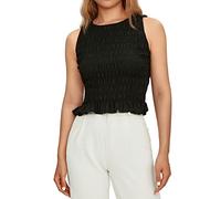Women Casual Frill Smocked Ruffle Hem Crop Tank Top Shirred Crew Neck Sleeveless Slim Fit Solid Crop Vest Tops (Black, M)
