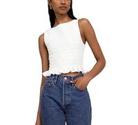 Women Casual Frill Smocked Ruffle Hem Crop Tank Top Shirred Crew Neck Sleeveless Slim Fit Solid Crop Vest Tops (White, L)
