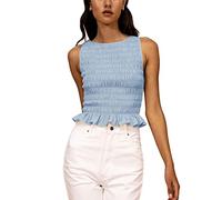 Women Casual Frill Smocked Ruffle Hem Crop Tank Top Shirred Crew Neck Sleeveless Slim Fit Solid Crop Vest Tops (Blue, M)