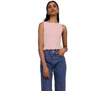Women Casual Frill Smocked Ruffle Hem Crop Tank Top Shirred Crew Neck Sleeveless Slim Fit Solid Crop Vest Tops (Pink, XL)