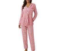 Women Casual Lapel Button Plaid Print Two Piece Long Sleeve Pajamas Pajamas Suit Outdoor Warm Fuzzy Animal Slippers for Girls Red