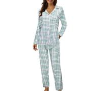Women Casual Lapel Button Print Two Piece Long Sleeve Pajamas Soft And Skin Friendly Fabric Simple Grid Texture Style Fashionable And Comfortable Nightwear Mint Green