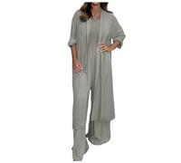 Women Casual Long Sleeved Cardigan and Jumpsuits 2 Piece Sets Loose Matching Set Co Ord Set Soft Comfy Women's Jumpsuits Suits Solid Casual Tracksuit Leisurewear Party Romper Business (Grey, XXL)