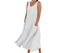 Women Casual Loose Cotton Linen Dress Round Neck Sleeveless Dress Daily Solid Colour Summer Printing Elegant Long Swing Maxi for Ladies Baggy Shirt