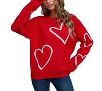 Women Casual Loose Sweater Long Sleeve Crew Neck Heart Print Knit Pullover Fall Winter Aesthetic Clothes (D-Red, M)