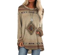 Women Casual Round Neck Pullover Ethnic Style Printed Mid Length Long Sleeve T-Shirts Retro Western Aztec Pattern Dresses Tops