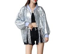 Women Casual Sequin Jacket Long Sleeve Solid Color Open Blazer with Tassels Disco Jacket Clubwear for Party Night Out Clubs for Summer Autumn, silver, L