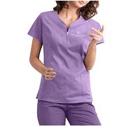 Women Casual Shirt with Soft Top Short Sleeve V-Neck Zip Pocket Shirts Nursing Worker T-Shirt Top Neon Top, purple, M