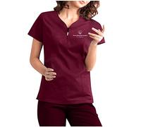 Women Casual Shirt with Soft Top Short Sleeve V-Neck Zip Pocket Shirts Nursing Worker T-Shirt Top Neon Top, Wine Red, XXL
