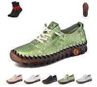 Women Casual Slip on Flat Loafers,Non-Slip Beef Tendon Orthotic WalkShoe,Leather Trainers Womens,Comfy Breathable(Green,7.5 UK)