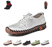 Women Casual Slip on Flat Loafers,Non-Slip Beef Tendon Orthotic WalkShoe,Leather Trainers Womens,Comfy Breathable(Grey,8 UK)