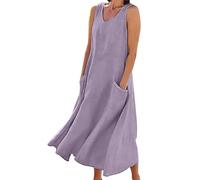 Women Casual Solid Dress Round V Neck Sleeveless Pocket Dress Splice Loose 2XL