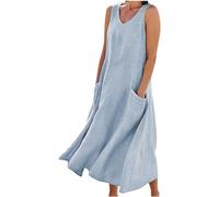 Women Casual Solid Dress Round V Neck Sleeveless Pocket Dress Splice Loose 2XL