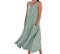Women Casual Solid Dress Round V Neck Sleeveless Pocket Dress Splice Loose 2XL