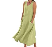 Women Casual Solid Dress Round V Neck Sleeveless Pocket Dress Splice Loose 2XL