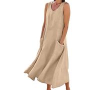 Women Casual Solid Dress Round V Neck Sleeveless Pocket Dress Splice Loose 2XL