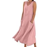 Women Casual Solid Dress Round V Neck Sleeveless Pocket Dress Splice Loose 2XL