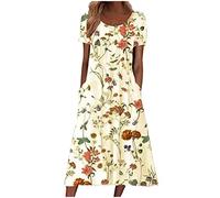 Women Casual Summer Dress Sale Summer Midi Boho Dress Loose Floral Print Short Sleeve Pockets Long Dress Elegant Bohemian Beach Dress Cocktail Holiday Dress for Ladies UK Clearance