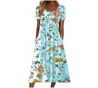 Women Casual Summer Dress Sale Summer Midi Boho Dress Loose Floral Print Short Sleeve Pockets Long Dress Elegant Bohemian Beach Dress Cocktail Holiday Dress for Ladies UK Clearance