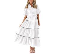 Women Casual Summer Dress Short Sleeve Button Down Shirt Dress Tie Waist Boho Beach Swing Sundress Flowy Tiered Maxi Long Dresses White M