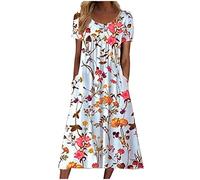 Women Casual Summer Dress Summer Midi Boho Dress Loose Floral Print Short Sleeve Pockets Long Dress Elegant Bohemian Beach Dress Cocktail Holiday Dress for Ladies UK Clearance