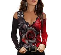 Women Casual T-Shirts Ladies Print V-Neck Long Sleeve Tops Off Shoulder Shirt Pullover Blouse Tees Top Plus Size T-Shirts Lace Trim V Neck Print Loose Fitting Blouse Casual Basic Summer Tops S-5XL