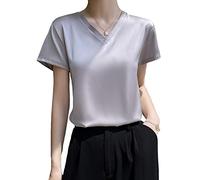 Women Casual Tops Shirts Blouse, Womens Satin Blouse Summer Elegant Simple Plain V-Neck Pullover Shirts Tops Fashion Short Sleeve Tunic Tops Casual Loose Work Blouses Silk T Shirts For Ladies Girls,