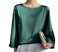 Women Casual Tops Shirts Blouse, Womens Silk Satin Blouse Summer Elegant Plain Round Neck Pullover Shirts Tops Fashion Looose 3/4 Sleeve Tunic Tops Casual Formal Party Work Blouses T Shirts,Dark Gre