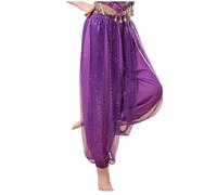 Women Casual Trousers Summer Baggy Pants Women's Casual Sequin Pants Belly Dance Performance Chiffon Highlight Trousers (Dark Purple, L=XL)