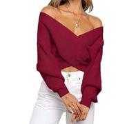 Women Casual V Neck Long Sleeve Sweaters Cross Wrap Off Shoulder Asymmetric Hem Knitted Crop Sweater, Wine Red, L