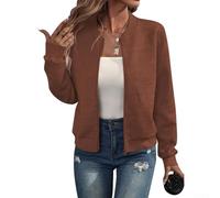 Women Casual Zip Up Jacket Stand Collar Long Sleeve Solid Color Cropped Baseball Outerwear for Spring Autumn Daily Wear Black(XL Brown)