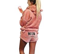 Women Cat Embroidery Pajamas 2pcs Winter Cute Girls Hooded Sleepwear Cat Ear Bathrobe Long Sleeve Shorts Fleece Tracksuit Suit (L, Pink)