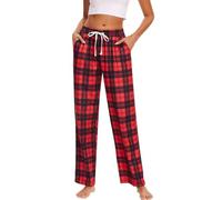 Women Checkered Pyjama Bottoms UK Clearance Plaid Comfortable Elasticated Waist Christmas Trousers Nightwear Trousers Lounge Pants Sleepwear Red and Black Pj Bottoms with Pockets