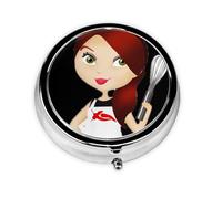 Women Chef This Small, Printed, Round Pill Box is a Portable Pill and Vitamin Organizer Perfect for Pockets, Purses, and Travel.