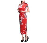 Women Cheongsam Traditional Chinese Dress Side Slit Slim Fit Midi Dress Mandarin Collar Cocktail Floral Bodycon Uniform Qipao Print Vintage Dress Trendy Classic Red