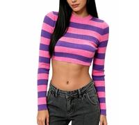 Women Cheshire Cat Top Striped Long Sleeve Knitted Crop Pullover Tops | Eye-catching pink purple striped top, ideal for streetwear, casual and Halloween themed party outfits