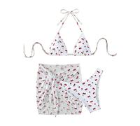 Women Chic Cherry Print Bikini Sets Three Pieces with Mesh Skirt Swimsuit Swimwear Bathing Suit Beach Outfits(Color:Style2,Size:M)