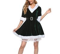 Women Child Santa Robe Hooded Cloak Costume Mrs Claus Costume Set - Velvet Hooded Dress with Belt for Christmas (Green, XX-Large)