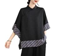 Women Chinese Style Floral Print Patchwork Tops Stand Collar 3/4 Sleeves Flowy Hem Shirt Retro Ethnic Style Blouse(D)