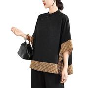 Women Chinese Style Floral Print Patchwork Tops Stand Collar 3/4 Sleeves Flowy Hem Shirt Retro Ethnic Style Blouse(C)