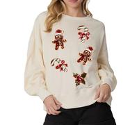 Women Christmas Baggy Jumper Gingerbread Candy Cane Xmas Santa Print Sweatshirt Novelty Funny Sequin Loose Fit Pullover (Ivory A, S)