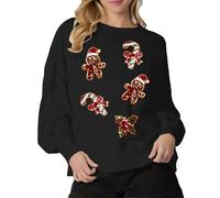Women Christmas Baggy Jumper Gingerbread Candy Cane Xmas Santa Print Sweatshirt Novelty Funny Sequin Loose Fit Pullover (Black A, XL)