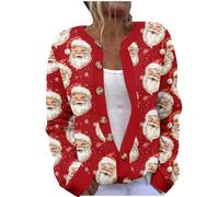 Women Christmas Cardigan Santa Claus Print Sweater Jacket Ladies Button Down Knitting Coat Xmas Funny Outerwear Round Neck Cardigans Christmas Novelty Sweaters Winter Warm Pullover Plus Size S-5XL