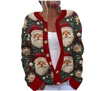Women Christmas Cardigan Santa Claus Print Sweater Jacket Ladies Button Down Knitting Coat Xmas Funny Outerwear Round Neck Cardigans Christmas Novelty Sweaters Winter Warm Pullover Plus Size S-5XL