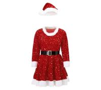 Women Christmas Costume Santa Cosplay Dress Plush Trim Patchwork Hooded Long Sleeve Long Dress Themed Party Show Costume with Belt (Red 01, S)