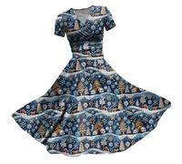 Women Christmas Dresses UK Clearance Ladies Short Sleeve/Sleeveless Santa Xmas Dresses Flared A Line 1950s Swing Dress Christmas Costume Cocktail Party Sexy Christmas Outfits Women Mrs Claus Christmas
